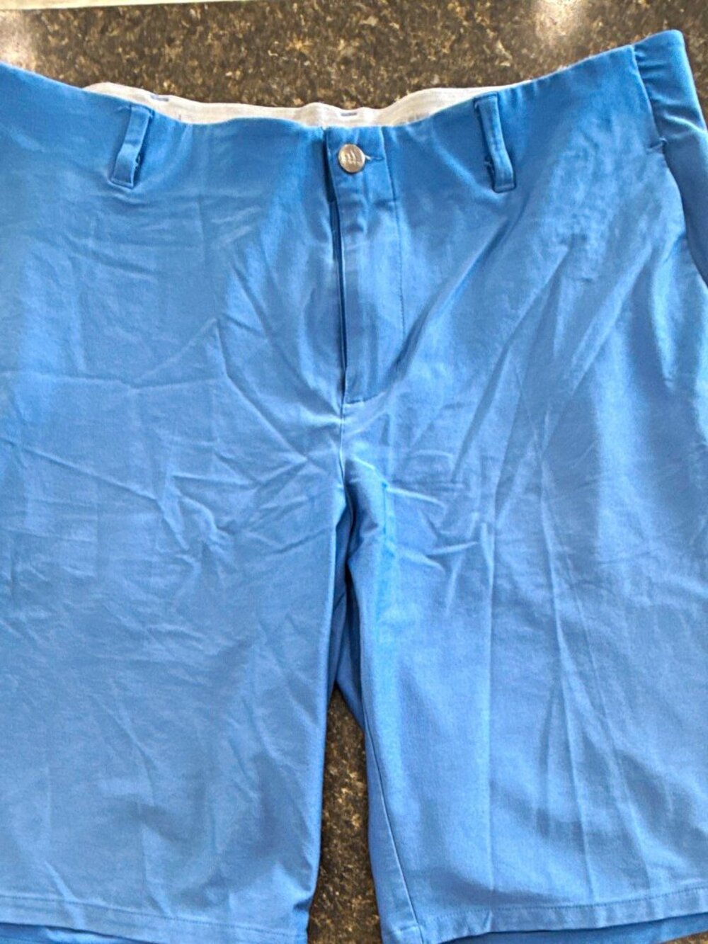 Adidas Men's Blue Golf Shorts Flat Front Button Knit Polyester Pockets Logo